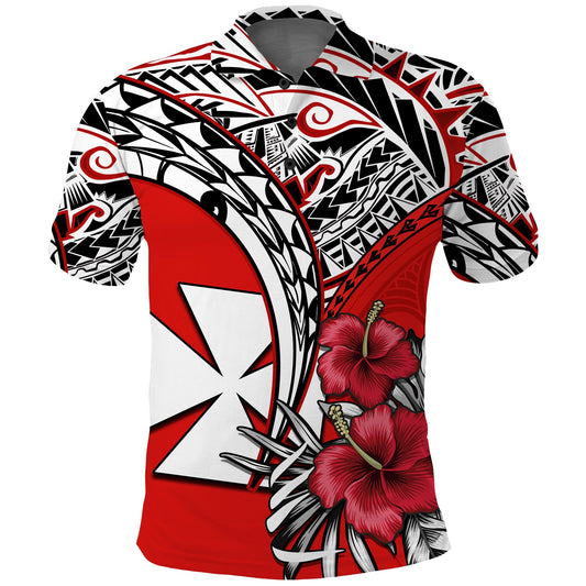 Wallis et Futuna Polo Shirt Polynesian Pattern and Hibiscus Flowers Version Red