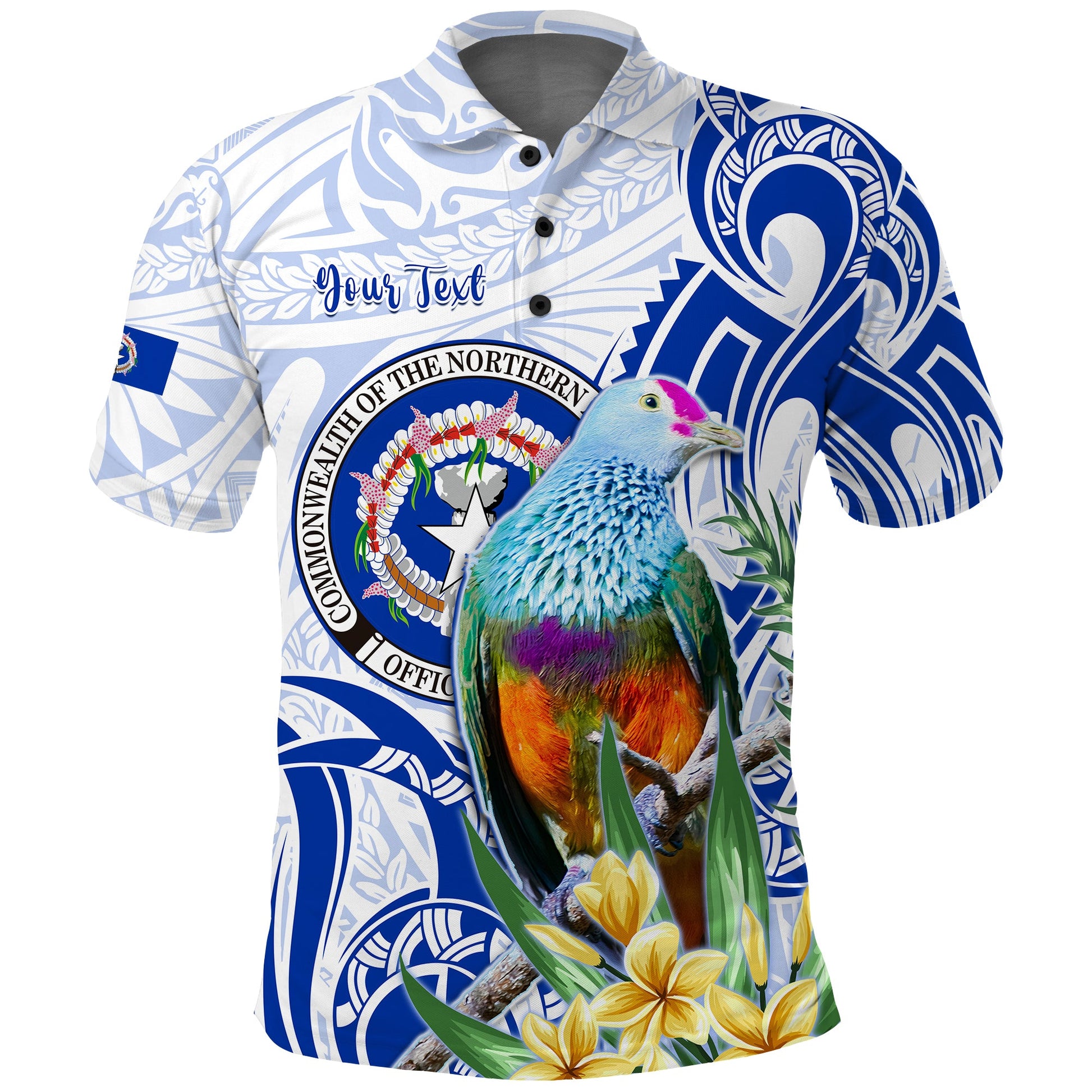 Custom Personalised Northern Mariana Islands Polo Shirt Mariana Fruit Dove Mix Frangipani Flowers White