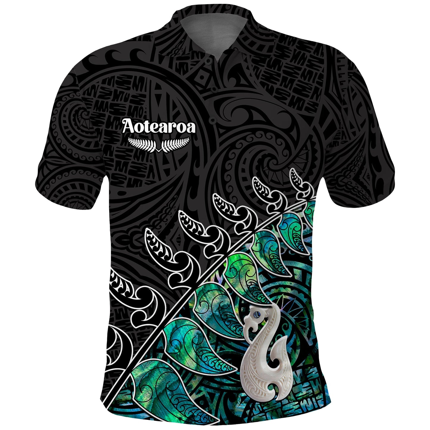 New Zealand Maori Polo Shirt Fern and Manaia Version Black