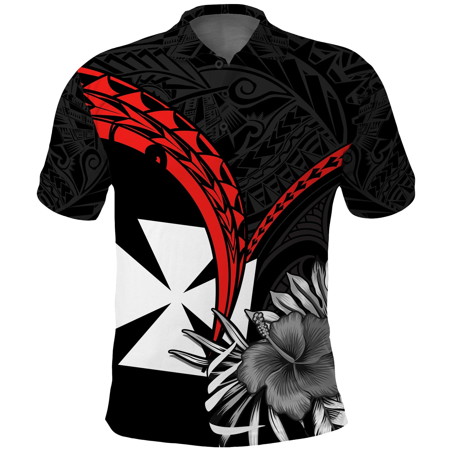 Wallis et Futuna Polo Shirt Polynesian Pattern and Hibiscus Flowers Version Black