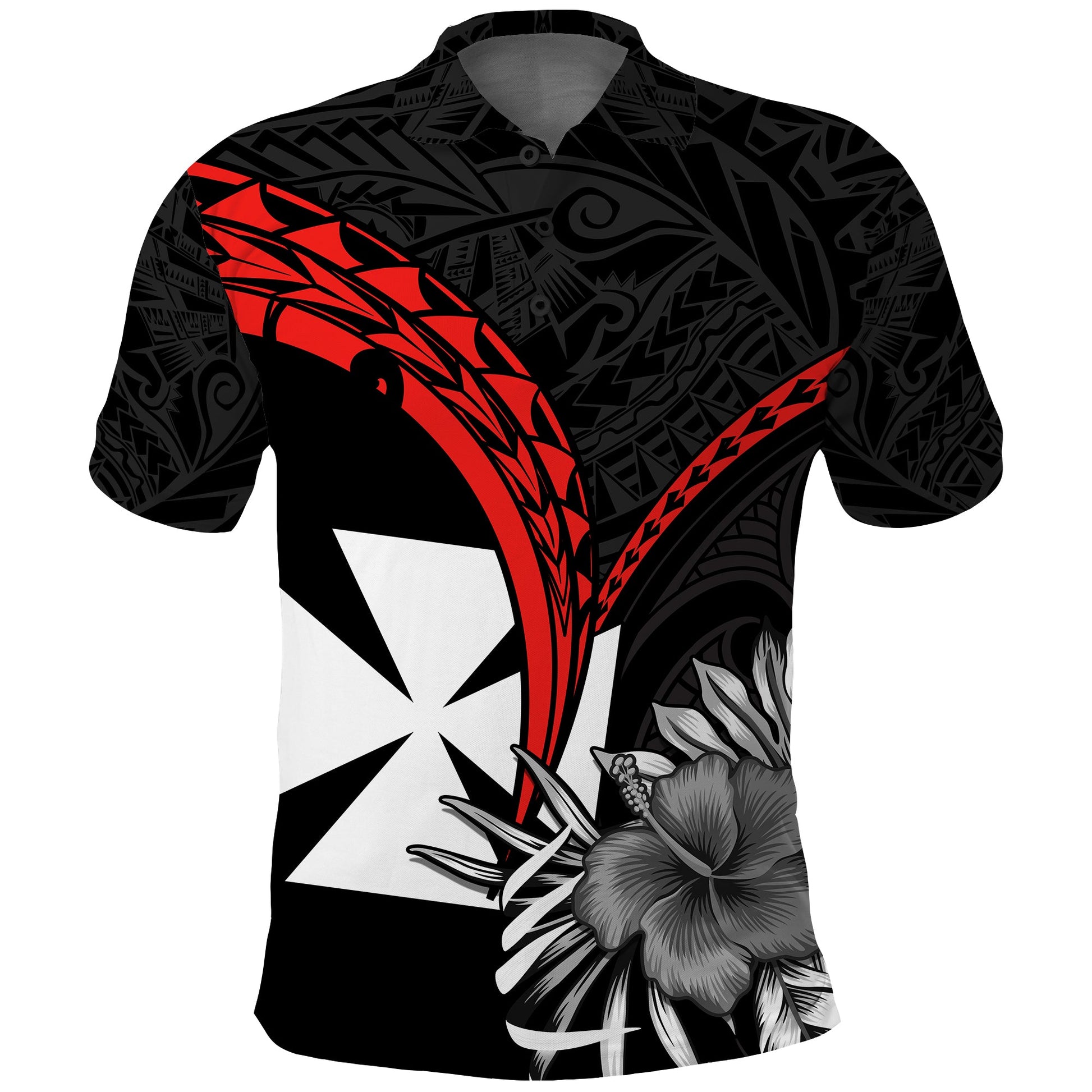 Wallis et Futuna Polo Shirt Polynesian Pattern and Hibiscus Flowers Version Black