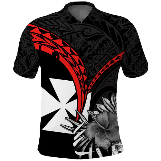 Wallis et Futuna Polo Shirt Polynesian Pattern and Hibiscus Flowers Version Black