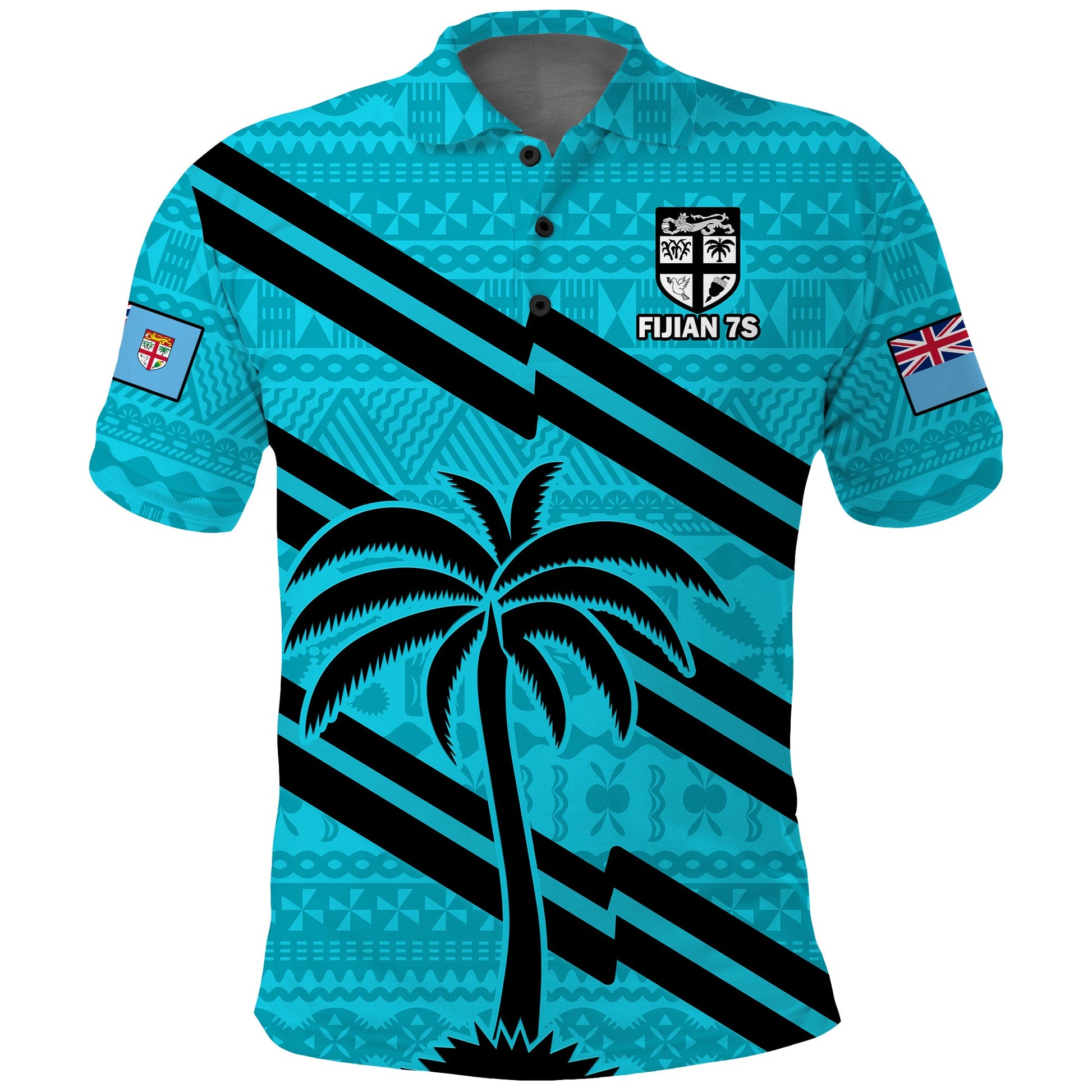 Custom Text And Number Fiji Rugby Tapa Pattern Fijian 7s Cyan Polo Shirt