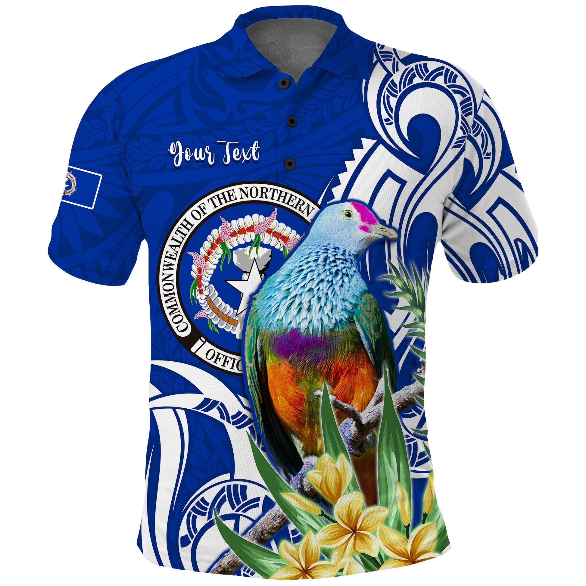 Custom Personalised Northern Mariana Islands Polo Shirt Mariana Fruit Dove Mix Frangipani Flowers