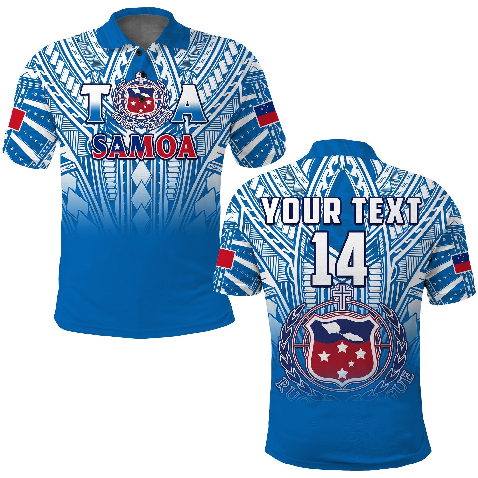 Custom Text And Number Samoa Rugby Polo Shirt Personalise Toa Samoa Polynesian Pacific Blue Version