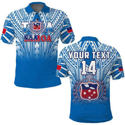 Custom Text And Number Samoa Rugby Polo Shirt Personalise Toa Samoa Polynesian Pacific Blue Version