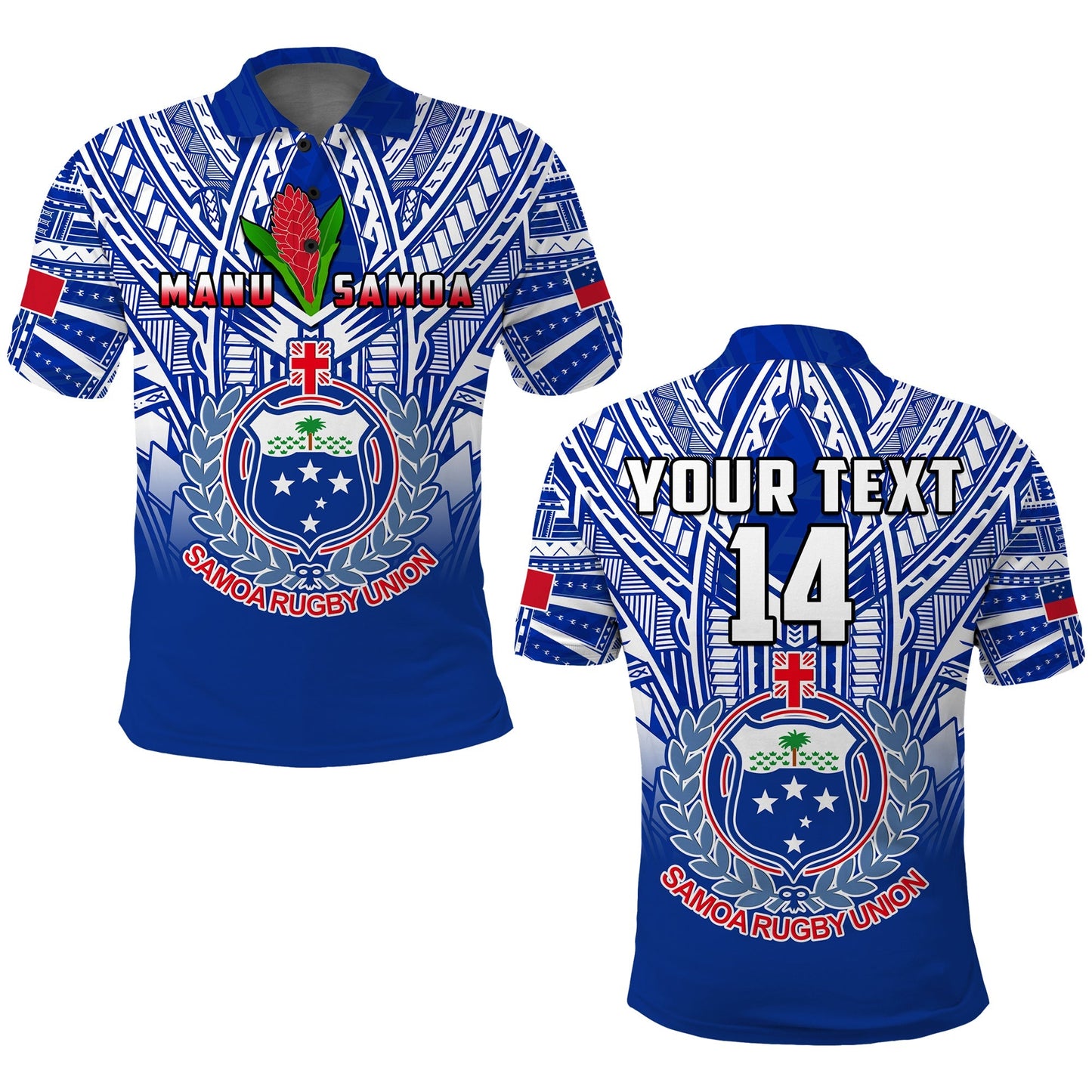 Custom Text And Number Samoa Rugby Polo Shirt Manu Samoa 7s Ginger Blue Polynesian