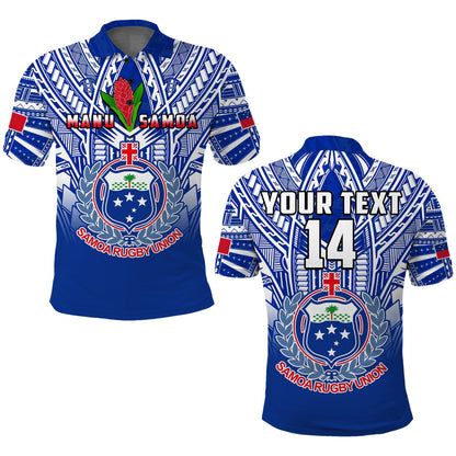 Custom Text And Number Samoa Rugby Polo Shirt Manu Samoa 7s Ginger Blue Polynesian