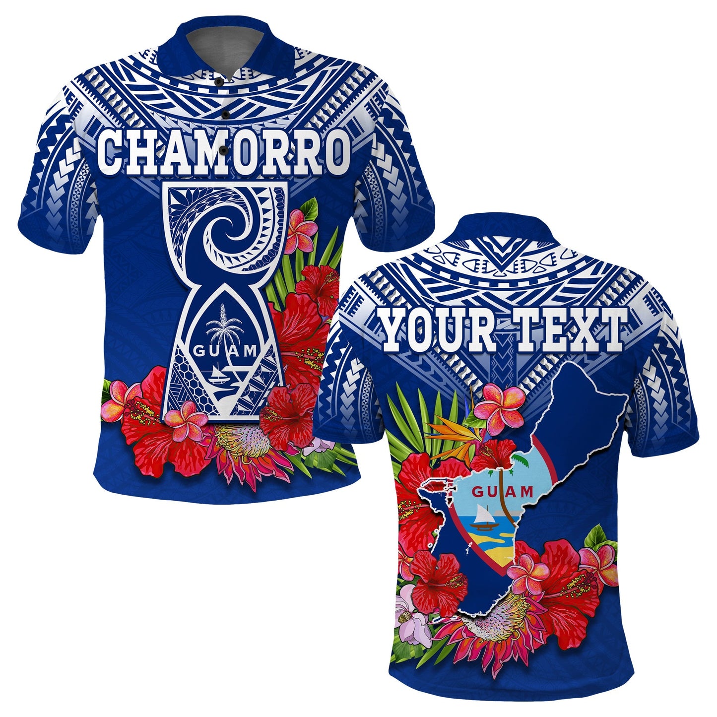 Custom Personalised Guam Chamorro Polo Shirt Guaman Latte Stone Tropical Flowers Blue Version