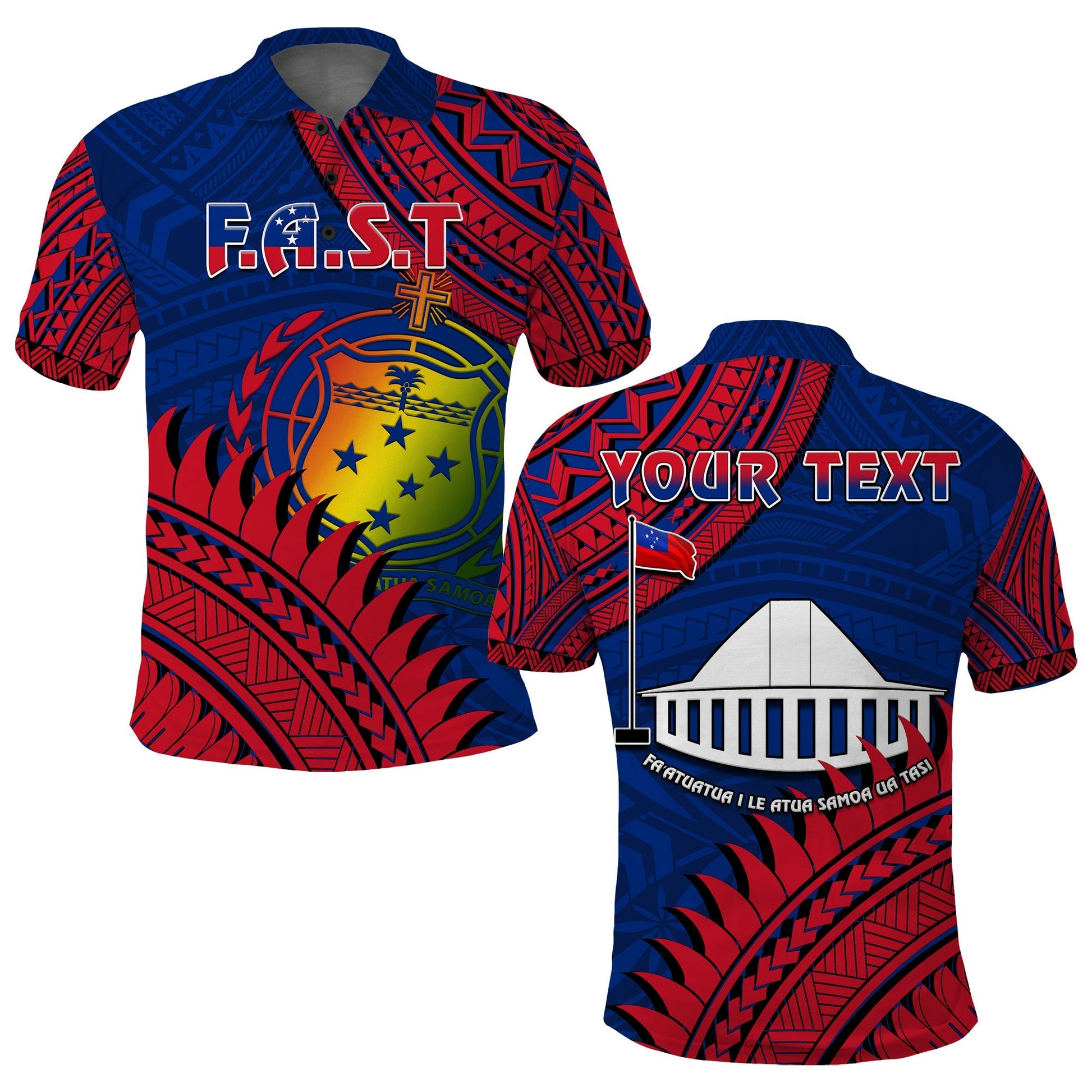 Custom Personalised F.A.S.T Samoa Polo Shirt Samoan Coat Of Arms Polynesian Pattern
