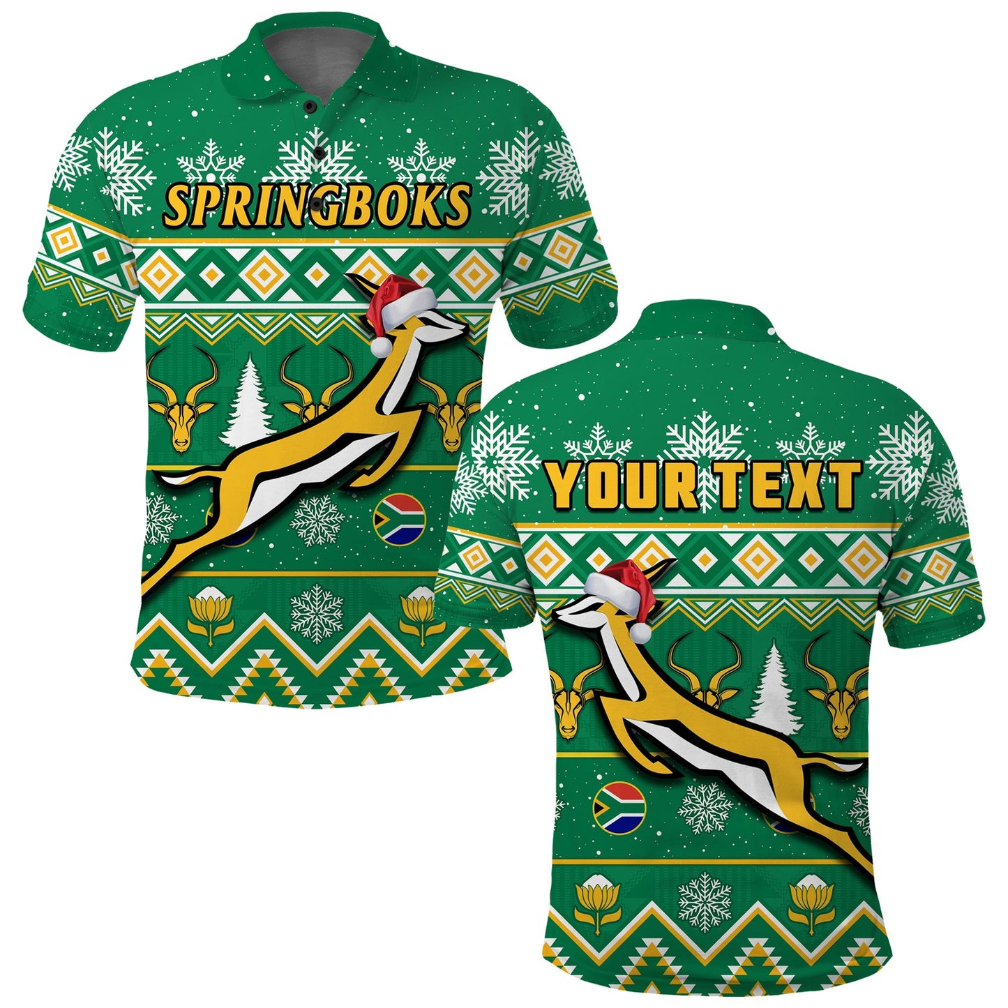 Custom South Africa Rugby Polo Shirt Christmas Springboks Proud Geseende Kersfees