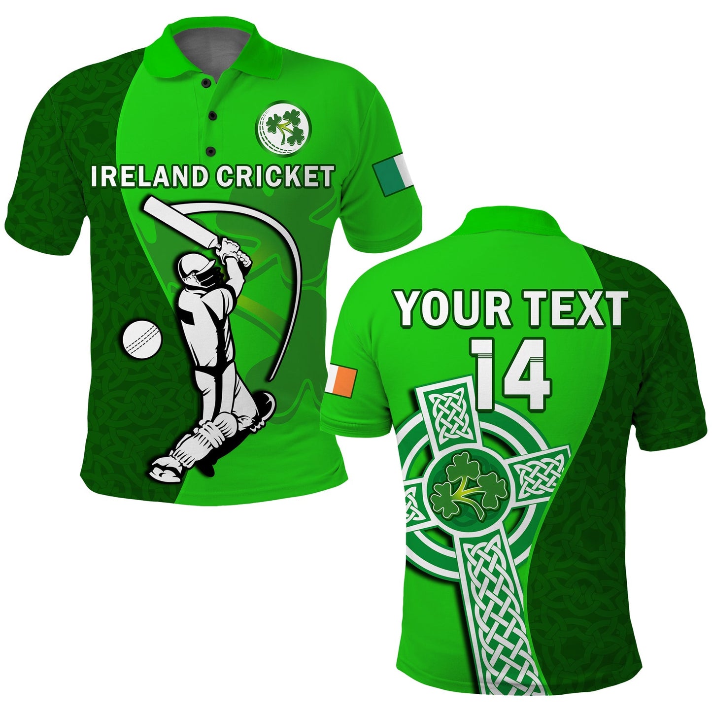 (Custom Text And Number) Ireland Cricket Polo Shirt Irish Flag Celtic Cross Sporty Style