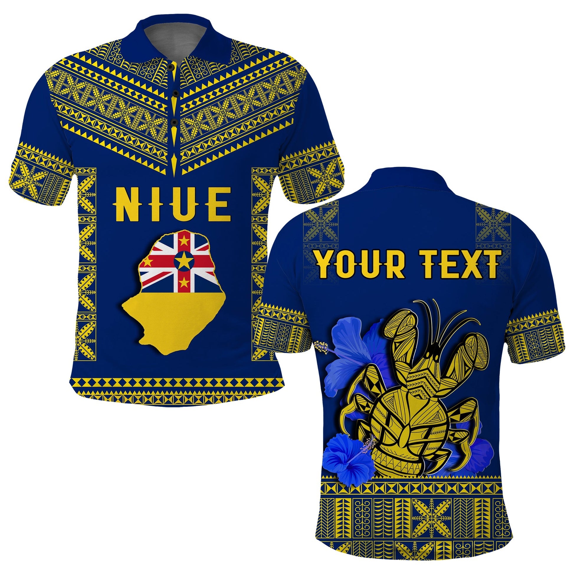 Custom Personalised Niue Polo Shirt Happy Constitution Day Niuean Hiapo Crab With Map