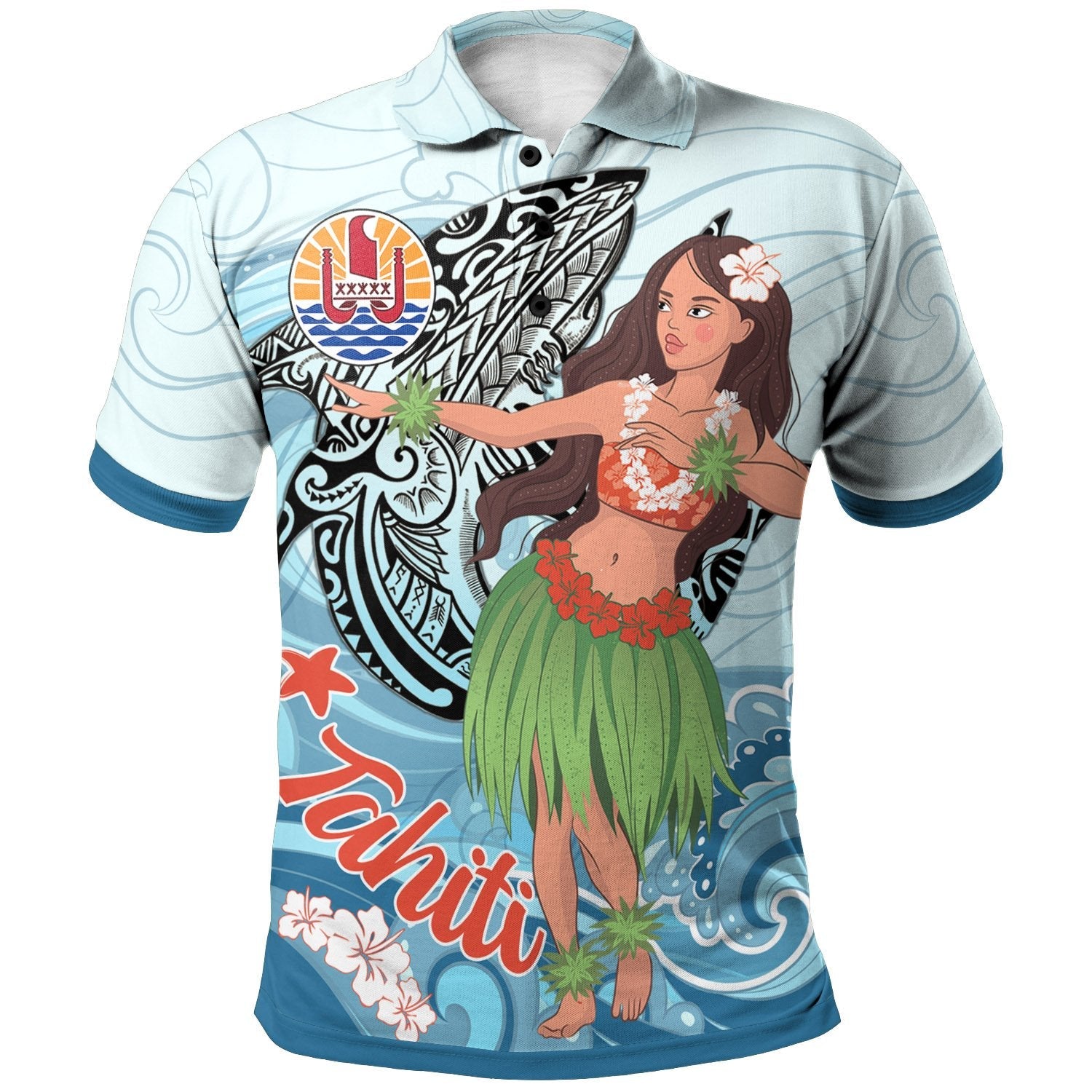 French Polynesia Polo Shirt - Polynesian Girls With Shark
