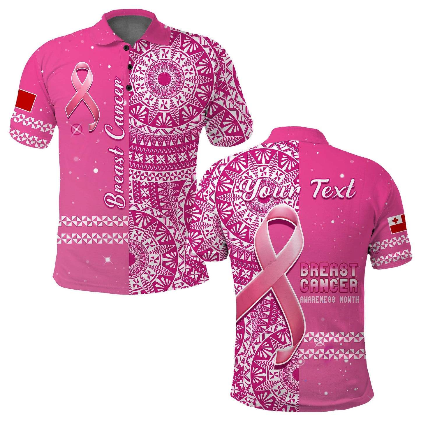 Custom Personalised Tonga Breast Cancer Polo Shirt Tongan Ngatu Pattern No One Fights Alone