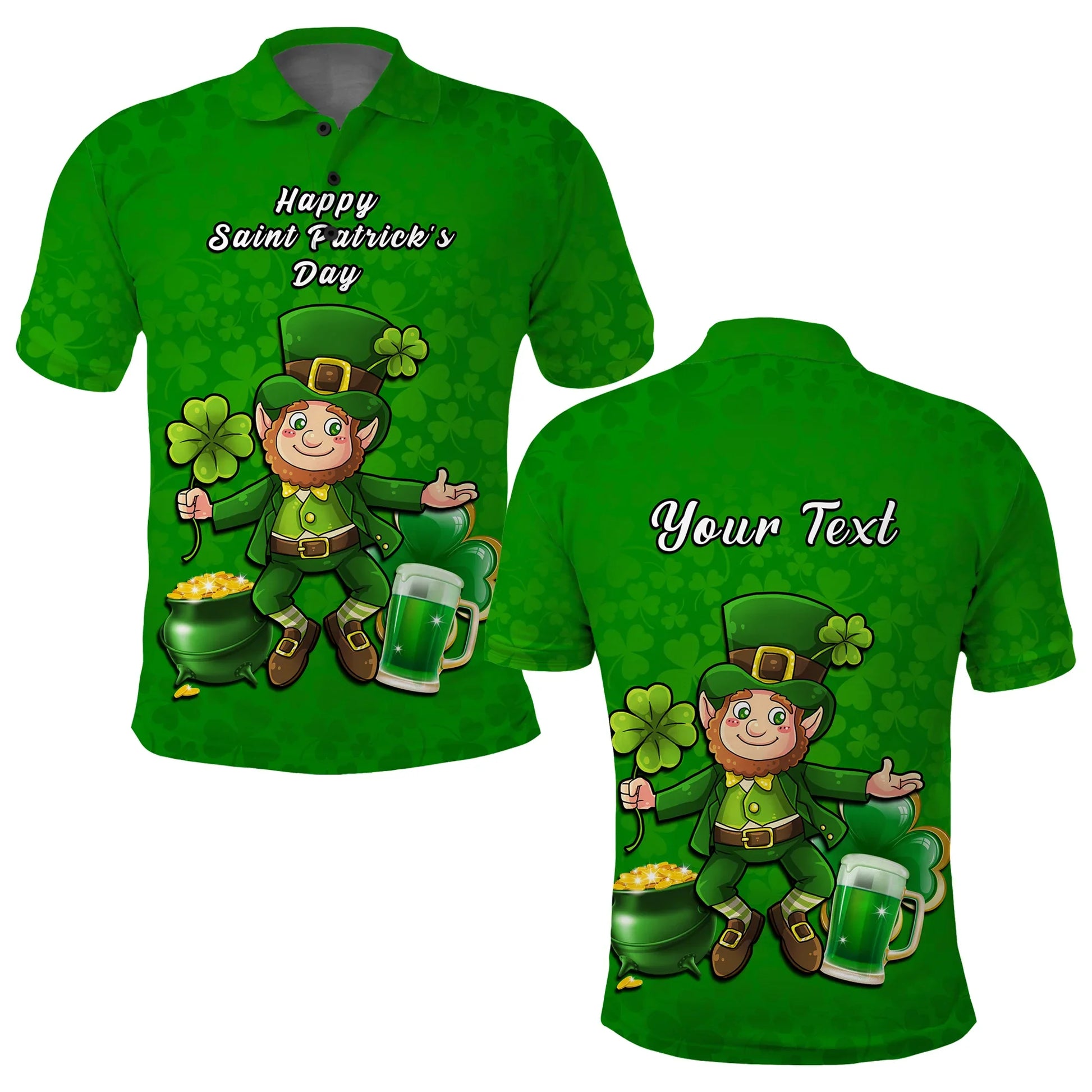Custom Ireland Polo Shirt Saint Patricks Day Happy Leprechaun And Shamrock