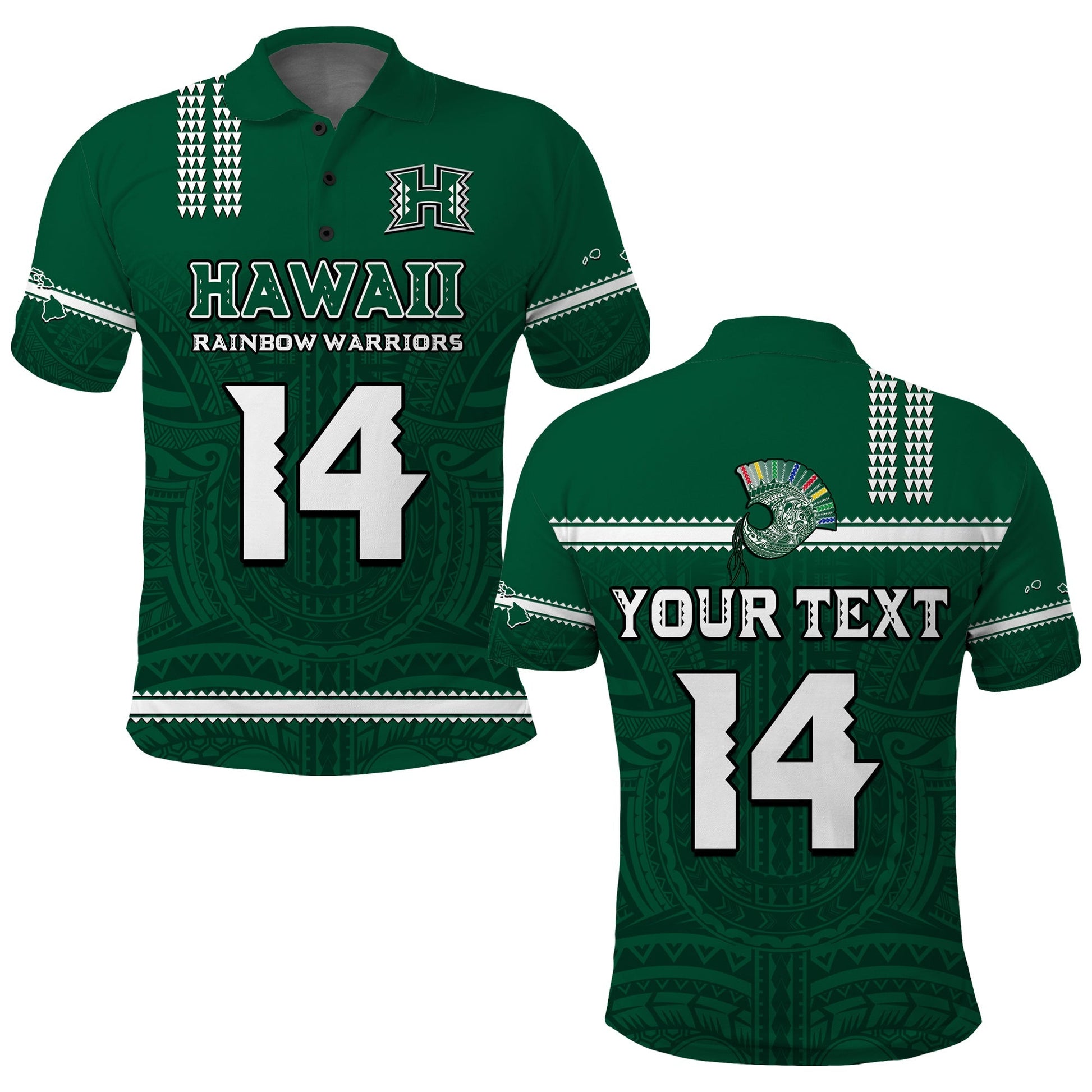 Custom Text And Number Hawaii Football Polo Shirt Kakau Rainbow Warriors Helmet Go Bows