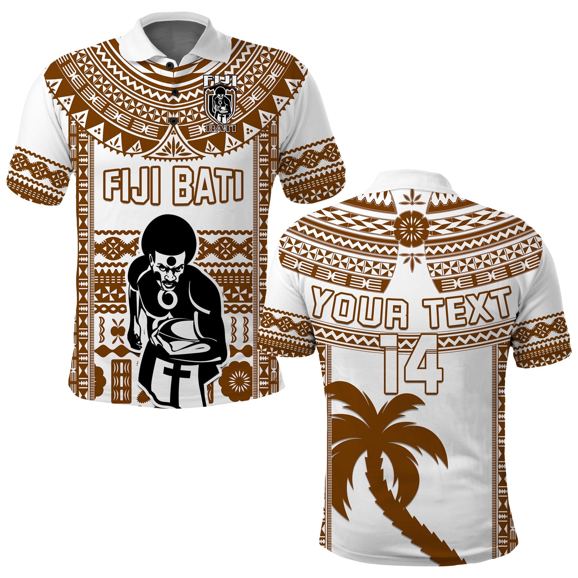 Custom Text And Number Fiji Rugby Polo Shirt Pacific The Bati Brown Fijian Tapa