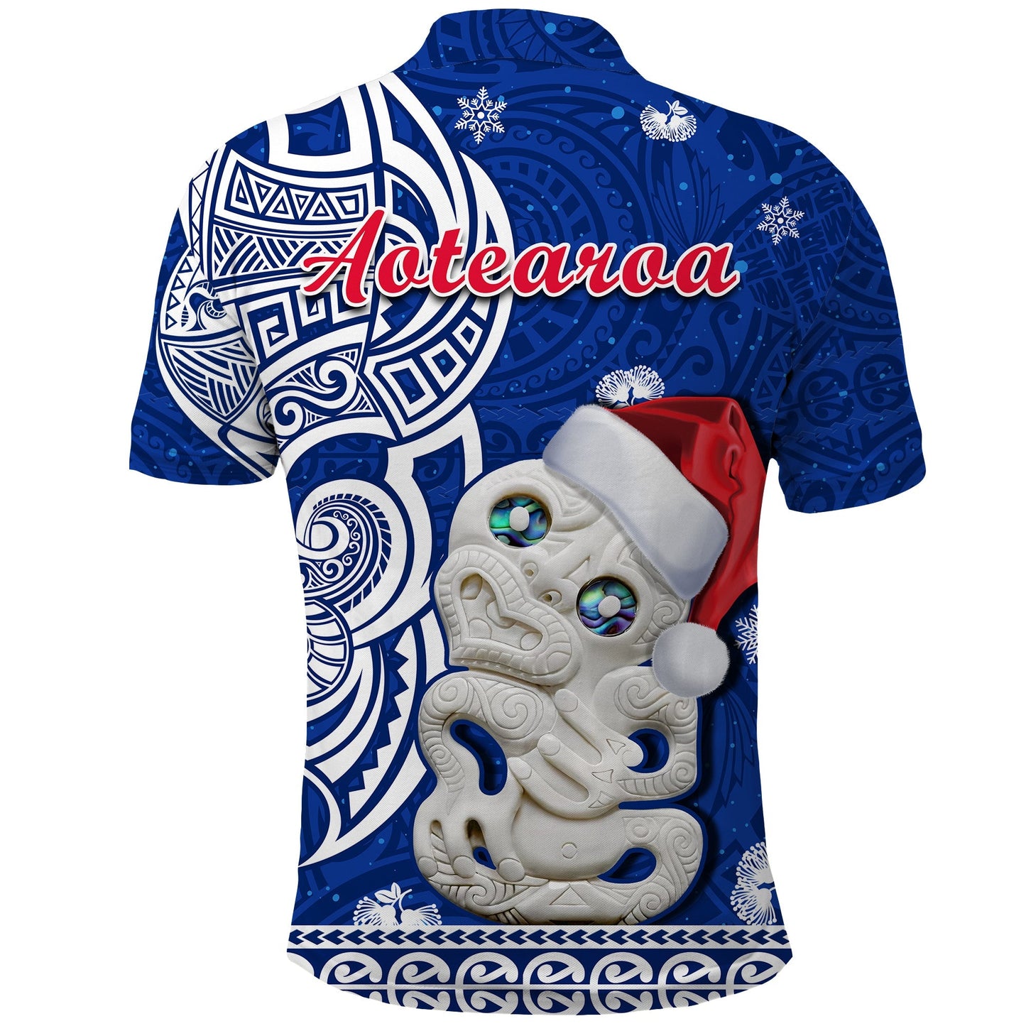 New Zealand Christmas Polo Shirt Hei Tiki Blue Pohutukawa Meri Kirihimete