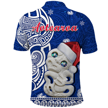 New Zealand Christmas Polo Shirt Hei Tiki Blue Pohutukawa Meri Kirihimete