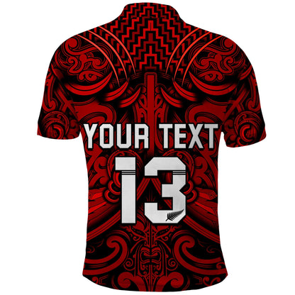 Custom Text and Number New Zealand Silver Fern Rugby Polo Shirt All Black Red NZ Maori Pattern