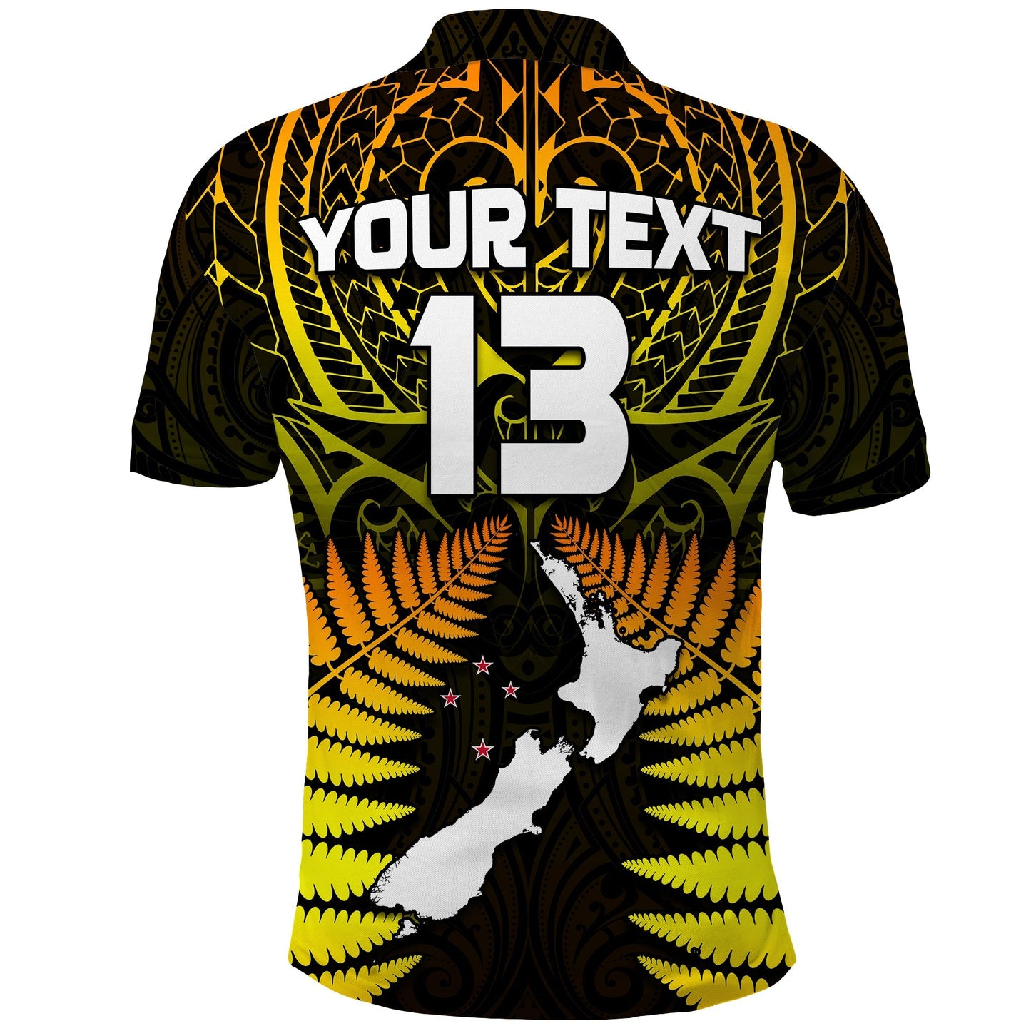 Custom Text and Number Aotearoa Fern Polo Shirt New Zealand Hei Tiki Gold Style