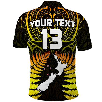 Custom Text and Number Aotearoa Fern Polo Shirt New Zealand Hei Tiki Gold Style