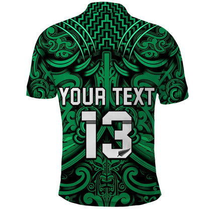 Custom Text and Number New Zealand Silver Fern Rugby Polo Shirt All Black Green NZ Maori Pattern