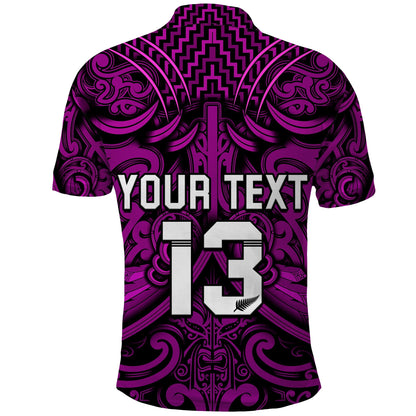 Custom Text and Number New Zealand Silver Fern Rugby Polo Shirt All Black Purple NZ Maori Pattern