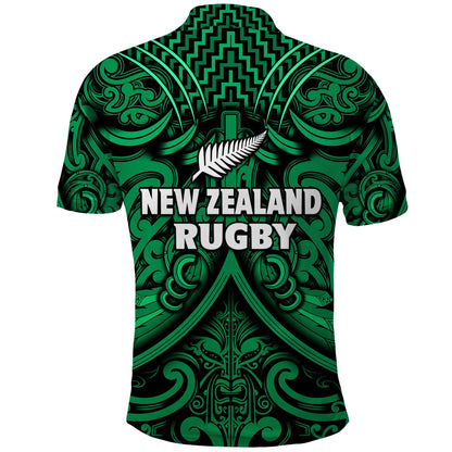 New Zealand Silver Fern Rugby Polo Shirt All Black Green NZ Maori Pattern