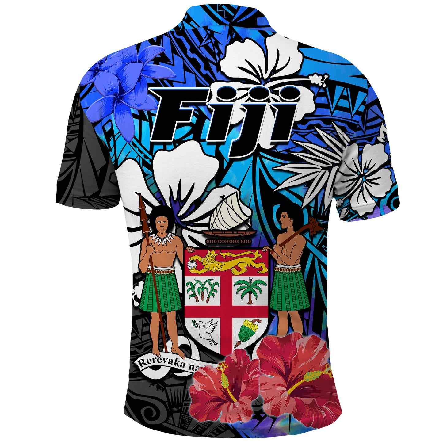 Fiji Tie Dye Polo Shirt Polynesian Blue Tribal Creative Tropical Flowers