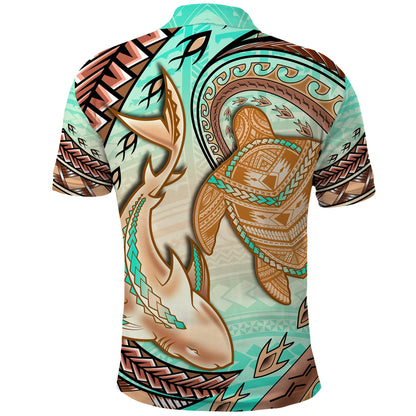 Hawaii Polo Shirt Polynesian Shark And Sea Turtle Dreamy Turquoise Artsy