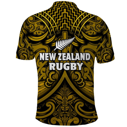 New Zealand Silver Fern Rugby Polo Shirt All Black Gold NZ Maori Pattern