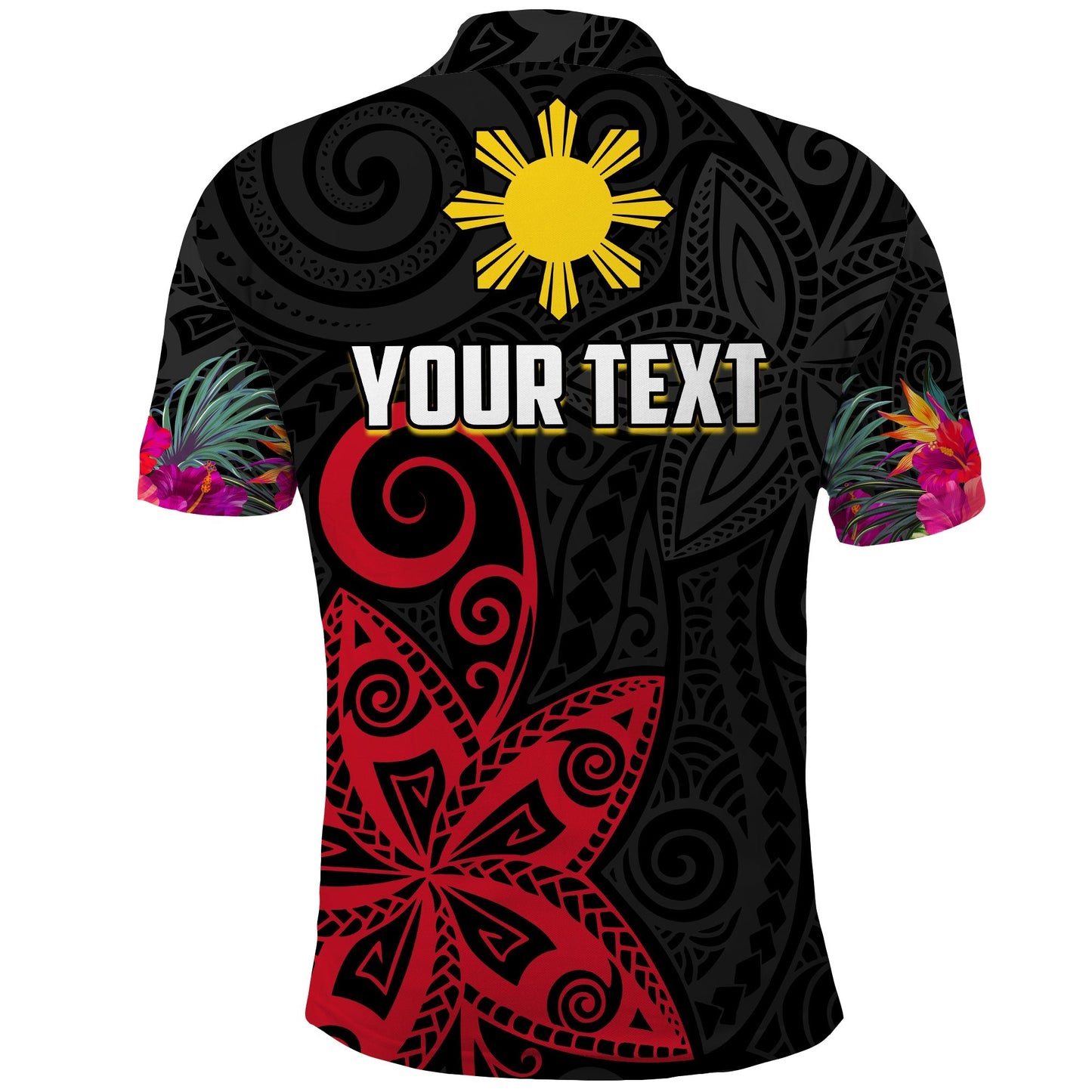 Custom Personalised Philippines Polo Shirt Sun Filipino Polynesian mix Flowers Black Vibe