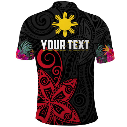 Custom Personalised Philippines Polo Shirt Sun Filipino Polynesian mix Flowers Black Vibe