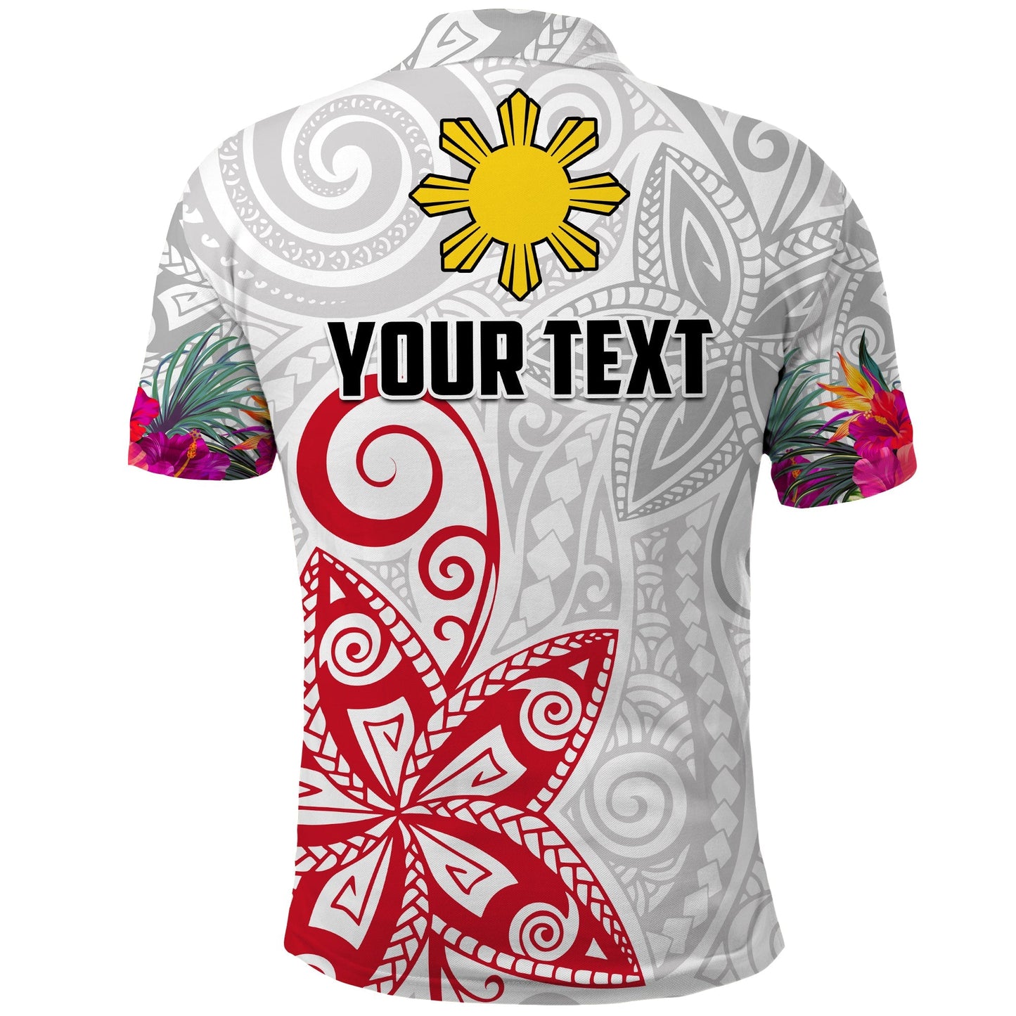 Custom Personalised Philippines Polo Shirt Sun Filipino Polynesian mix Flowers White Vibe