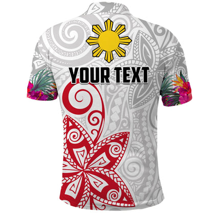 Custom Personalised Philippines Polo Shirt Sun Filipino Polynesian mix Flowers White Vibe