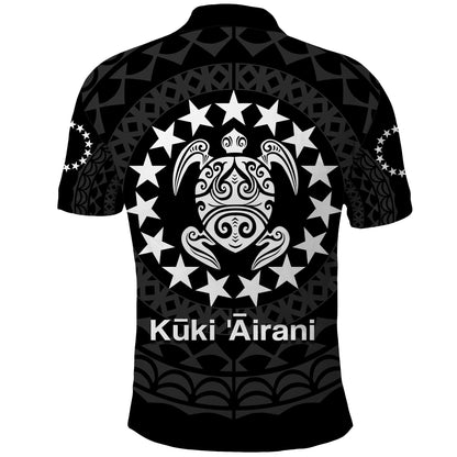 Cook Islands Polo Shirt Circle Pattern Mix Sea Turtle Black Version