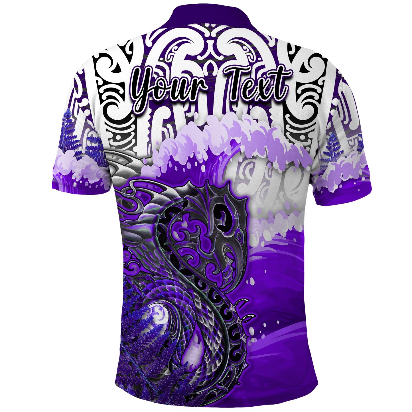 Custom Personalised Manaia Maori Polo Shirt Fern Aotearoa Purple Waves