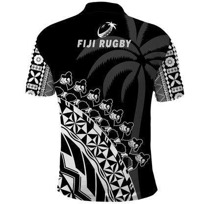 Fiji Rugby Polo Shirt Fijian Cibi Dance Tapa Pattern Black