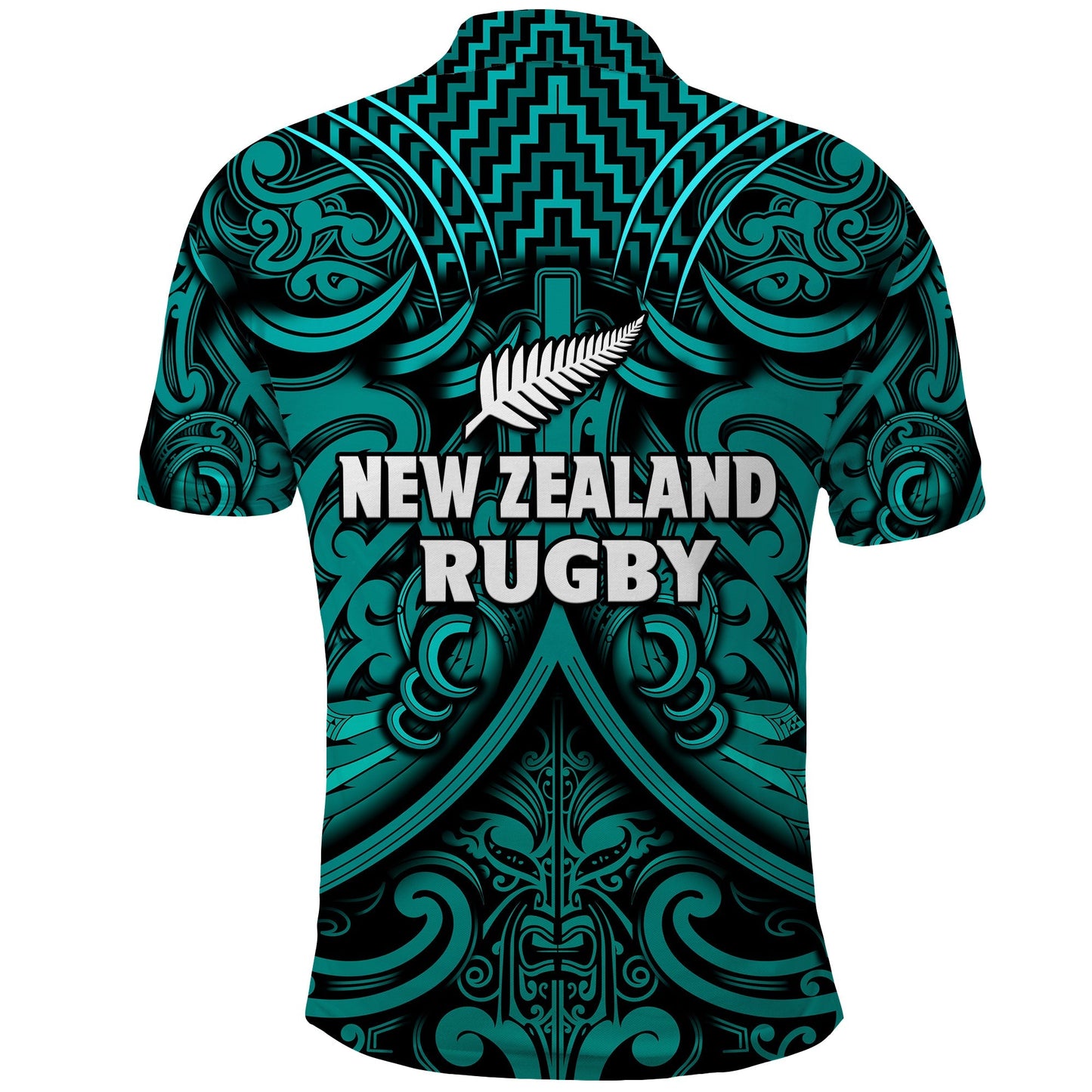 New Zealand Silver Fern Rugby Polo Shirt All Black Turquoise NZ Maori Pattern