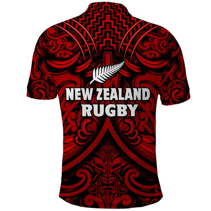 New Zealand Silver Fern Rugby Polo Shirt All Black Red NZ Maori Pattern