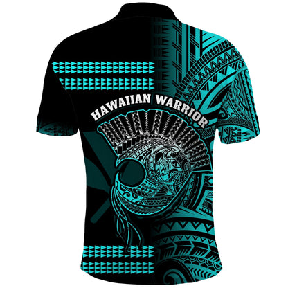 Hawaii Polo Shirt Kakau Warrior Helmet Gradient Turquoise Polynesian