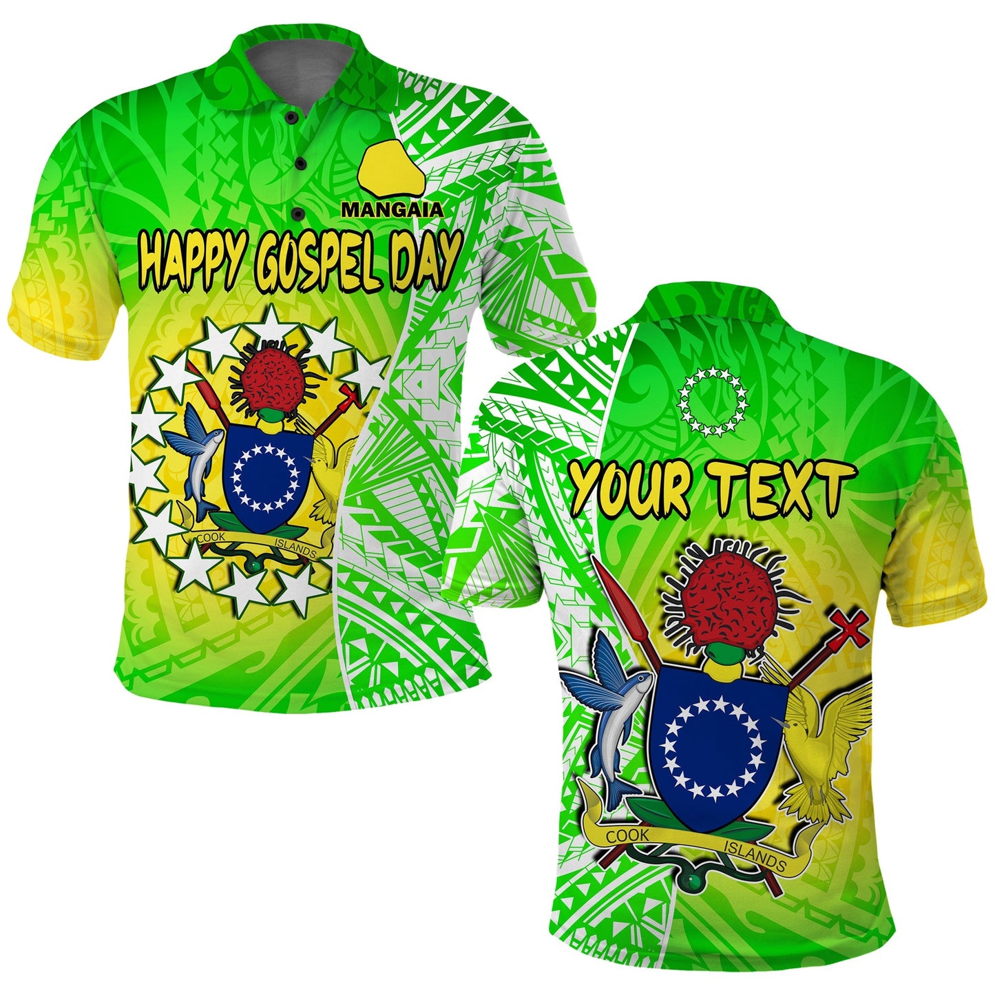 Custom Personalised Happy Mangaia Gospel Day Polo Shirt Cook Islands Coat Of Arms Polynesian Pattern
