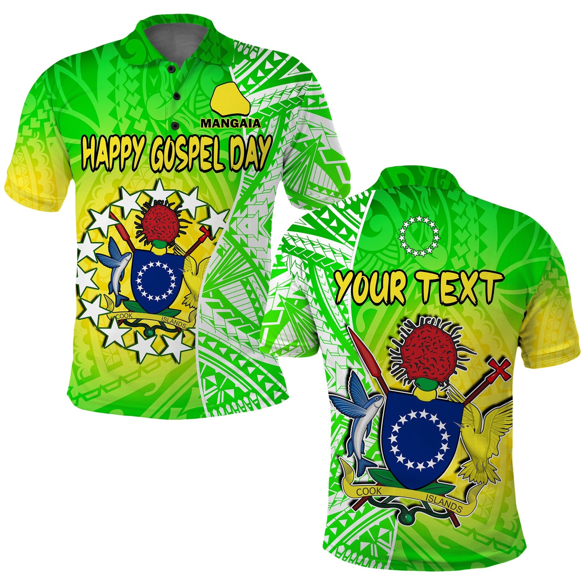 Custom Personalised Happy Mangaia Gospel Day Polo Shirt Cook Islands Coat Of Arms Polynesian Pattern