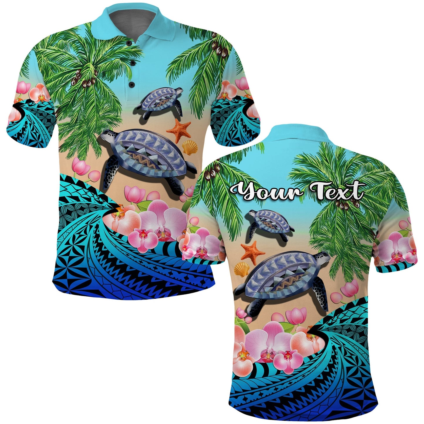 Custom Personalised Polynesian Turtle Coconut Tree And Orchids Polo Shirt