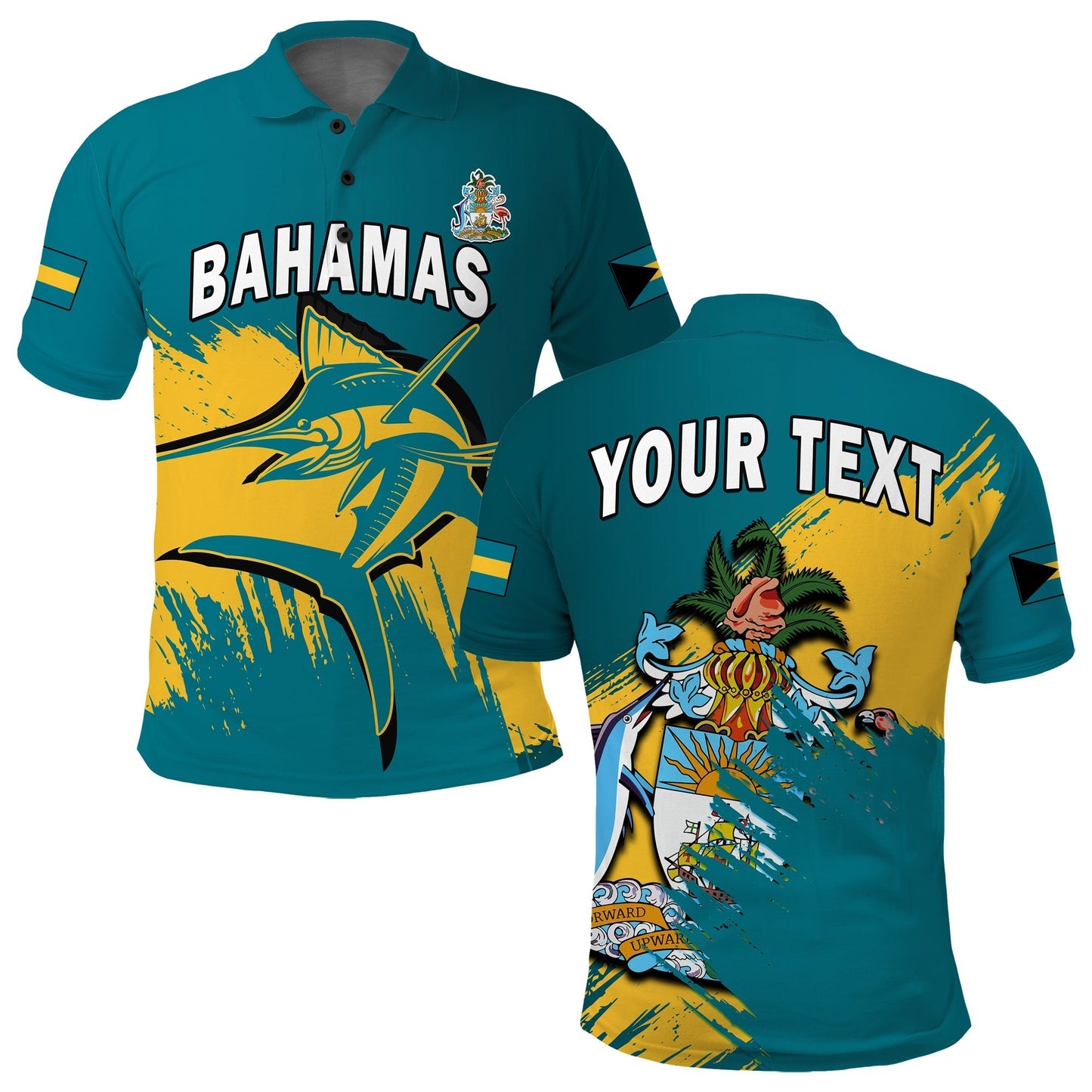 Custom Bahamas Polo Shirt Blue Marlin With Bahamian Coat Of Arms