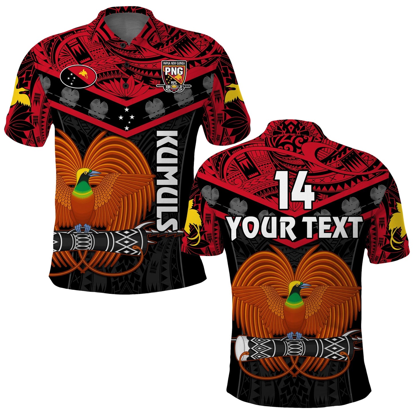 Custom Text And Number Papua New Guinea Rugby Polo Shirt PNG Kumuls Bird Of Paradise Black