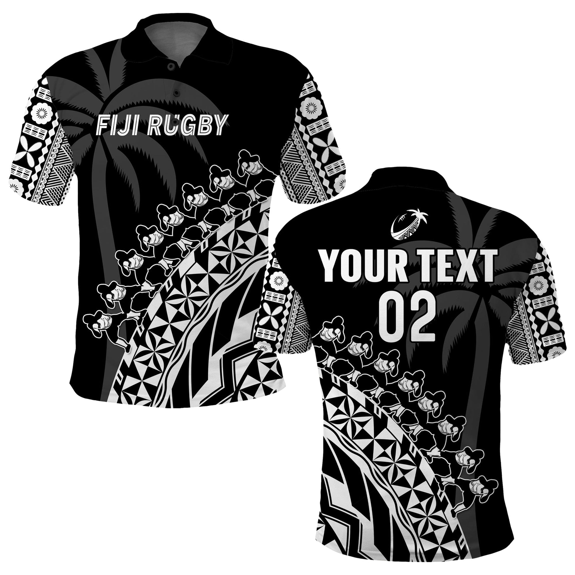Custom Text And Number Fiji Rugby Polo Shirt Fijian Cibi Dance Tapa Pattern Black