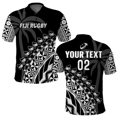 Custom Text And Number Fiji Rugby Polo Shirt Fijian Cibi Dance Tapa Pattern Black